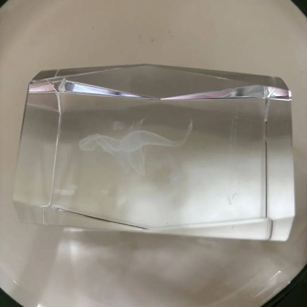 Vintage 3D Laser Etched Crystal Glass Paperweight Mermaid Dolphins with Box